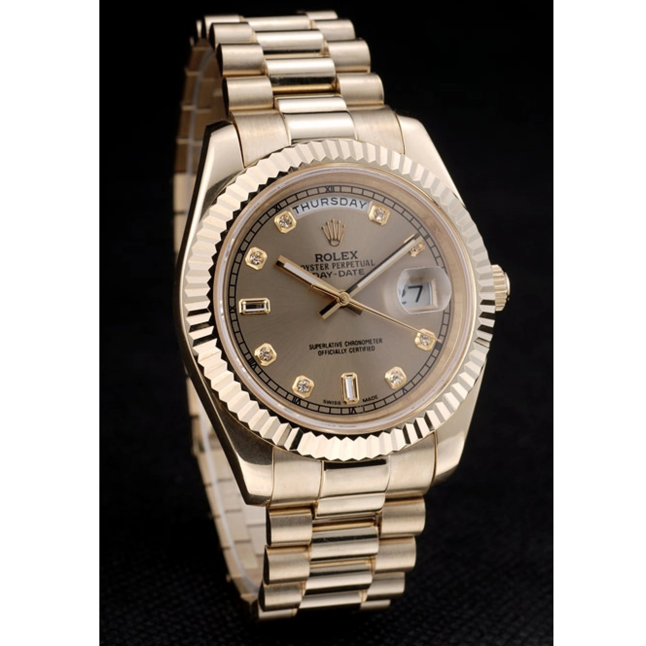 Aaa replica watch Swiss Gold Gold Ribbed DayDate Dial 41997 Rolex Stainless Steel Bezel 1028